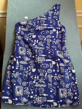 Madewell One-Shoulder Blue Print Linen Dress Size 8